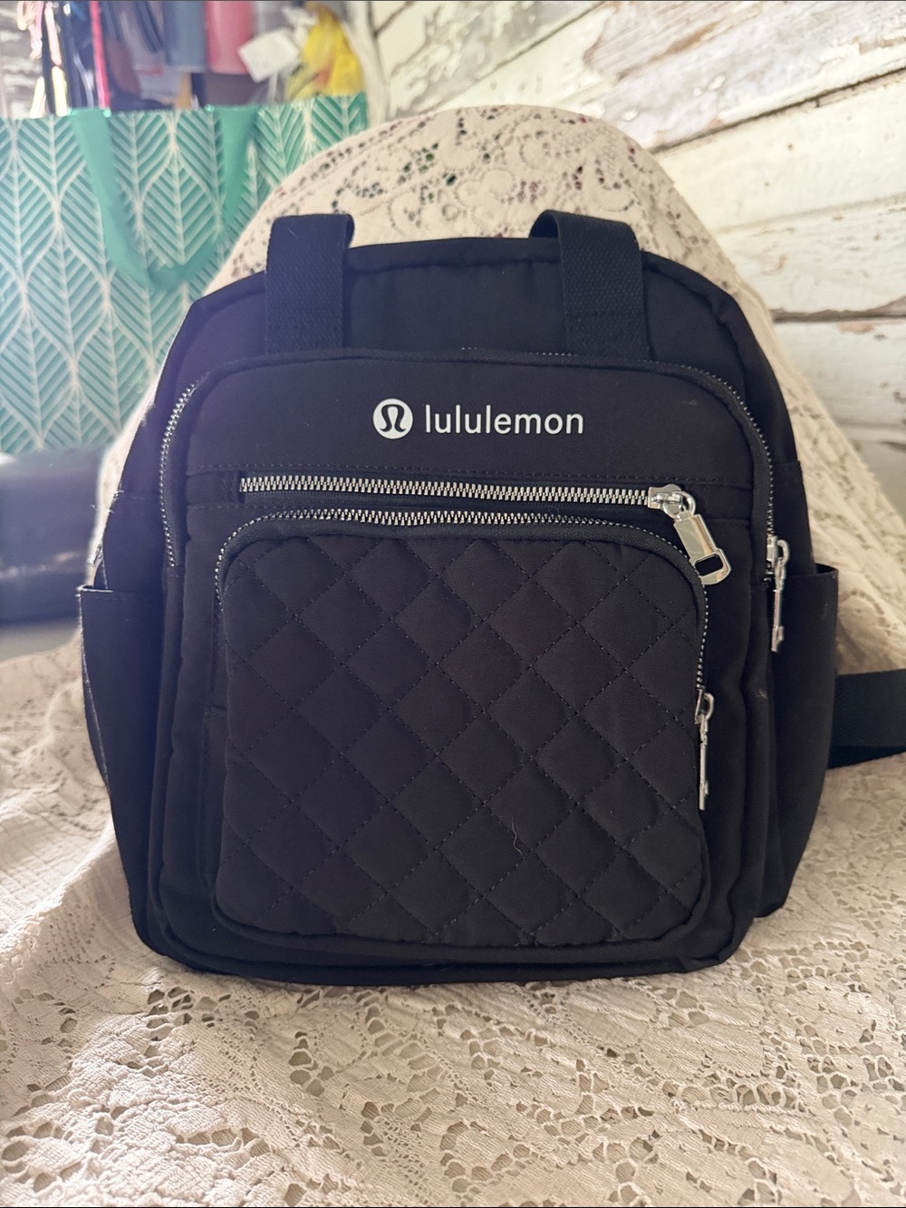 lululemon athletica Black Quilted Front Zip Pocket Backpack
